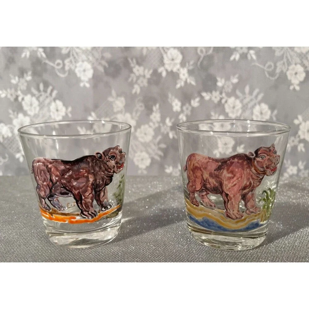 Vintage 70s Hippo Whiskey Glasses Set of Two 1970s Retro Hand Painted Hippos